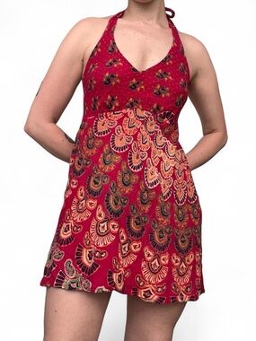 Ark & Co Red Halter Mini Dress with Multicolor Fan Print